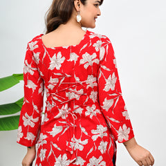 Women's Red Floral Print Cotton Top