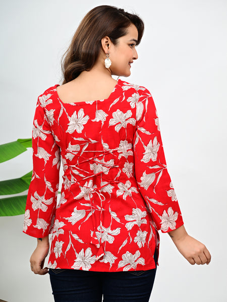 Women's Red Floral Print Cotton Top
