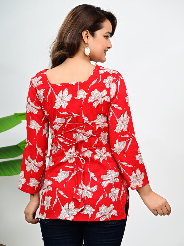 Women's Red Floral Print Cotton Top