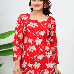 Women's Red Floral Print Cotton Top