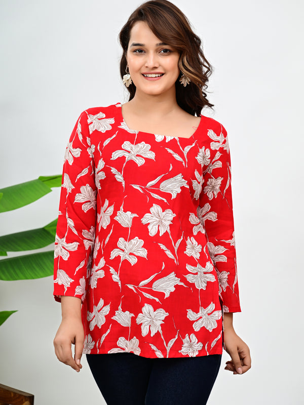 Women's Red Floral Print Cotton Top