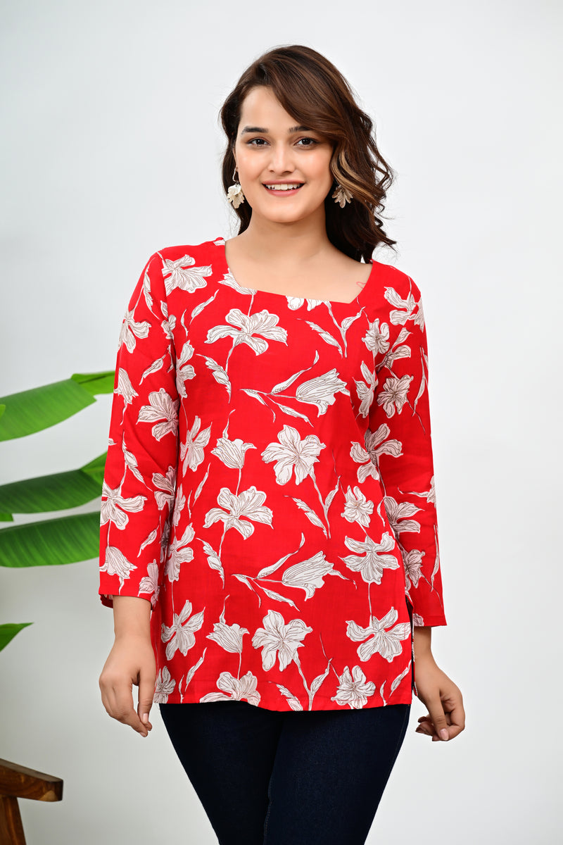 Women's Red Floral Print Cotton Top
