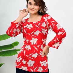 Women's Red Floral Print Cotton Top