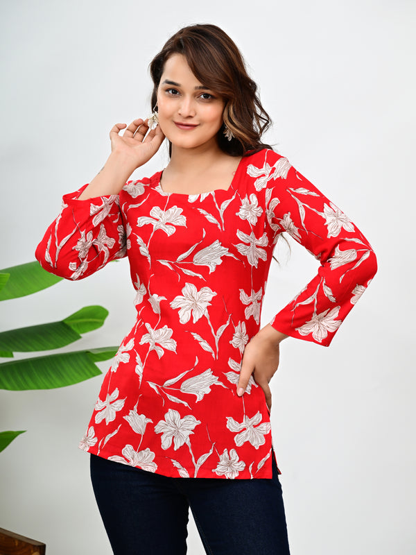 Women's Red Floral Print Cotton Top
