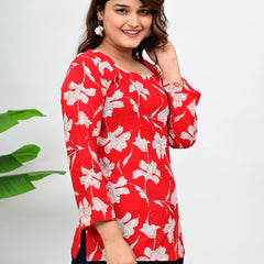 Women's Red Floral Print Cotton Top