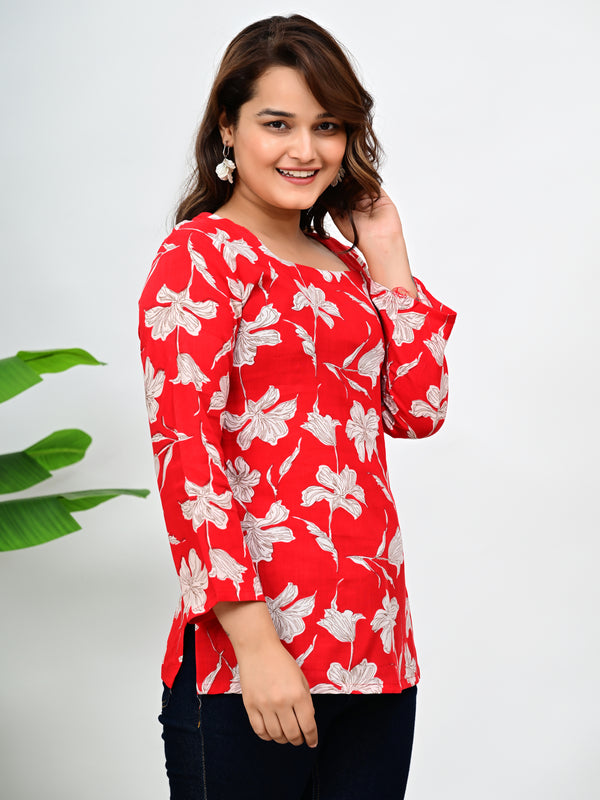 Women's Red Floral Print Cotton Top