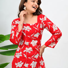 Women's Red Floral Print Cotton Top