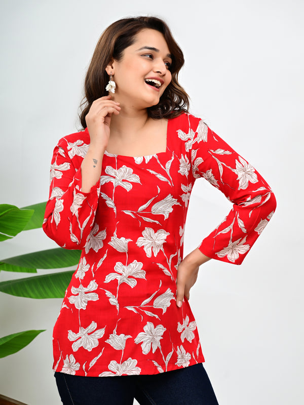 Women's Red Floral Print Cotton Top