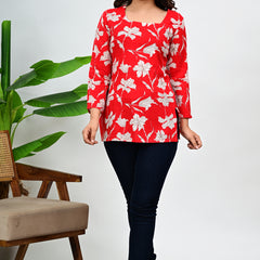 Women's Red Floral Print Cotton Top