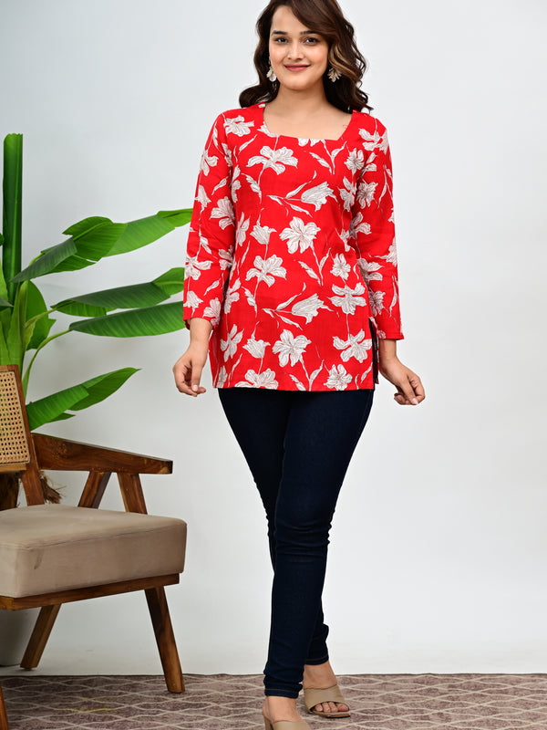 Women's Red Floral Print Cotton Top