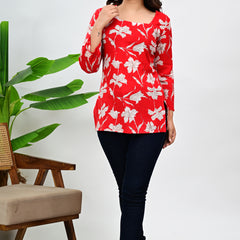Women's Red Floral Print Cotton Top