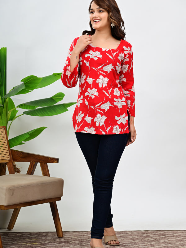 Women's Red Floral Print Cotton Top