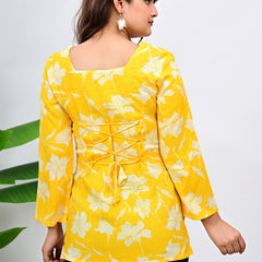 Women's Yellow Floral Print Cotton Top