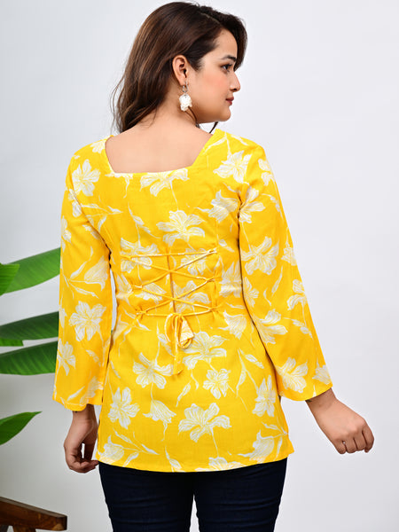 Women's Yellow Floral Print Cotton Top
