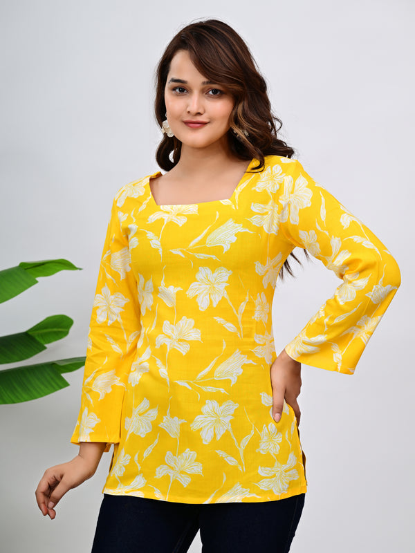 Women's Yellow Floral Print Cotton Top