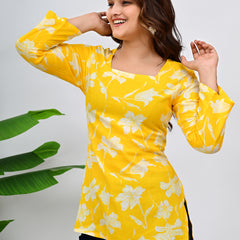 Women's Yellow Floral Print Cotton Top