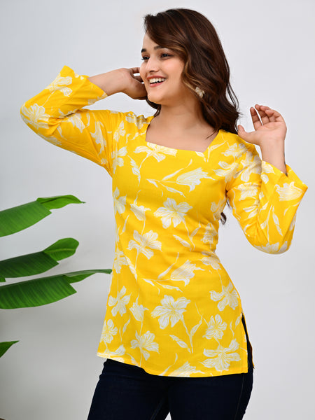 Women's Yellow Floral Print Cotton Top