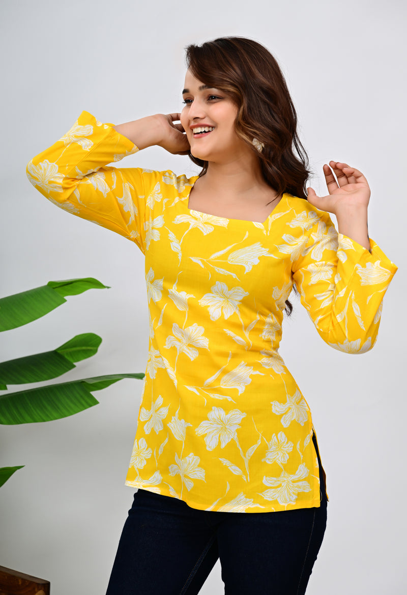 Women's Yellow Floral Print Cotton Top