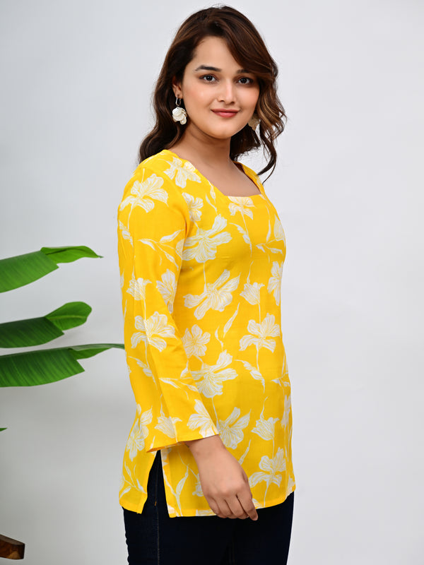 Women's Yellow Floral Print Cotton Top