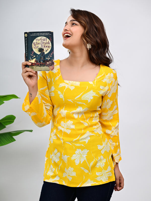 Women's Yellow Floral Print Cotton Top
