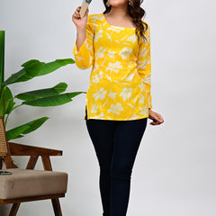 Women's Yellow Floral Print Cotton Top