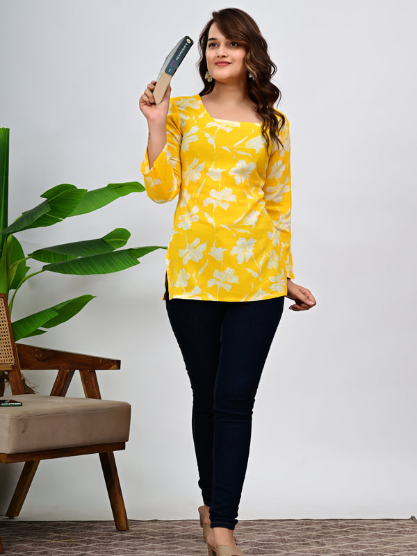 Women's Yellow Floral Print Cotton Top
