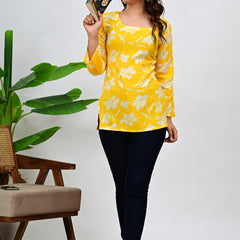 Women's Yellow Floral Print Cotton Top
