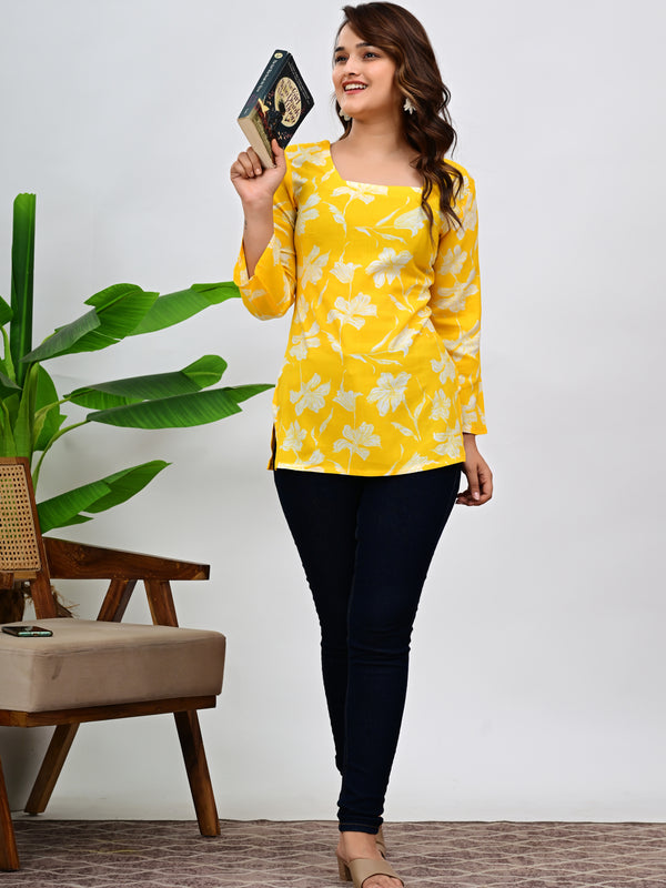 Women's Yellow Floral Print Cotton Top