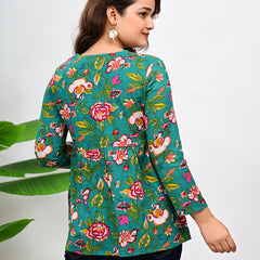 Women's Teal Floral Print Cotton Top