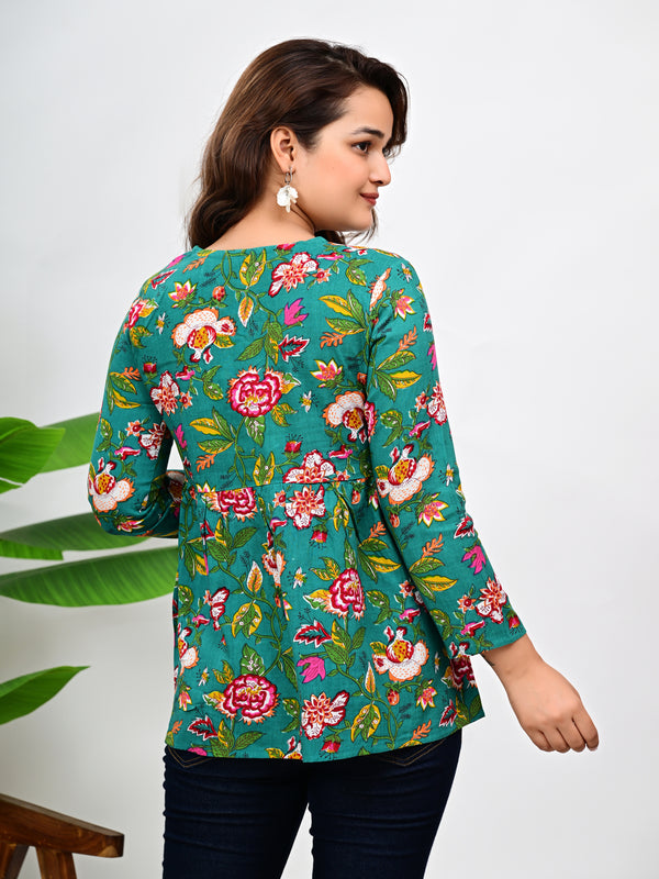 Women's Teal Floral Print Cotton Top