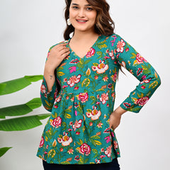 Women's Teal Floral Print Cotton Top