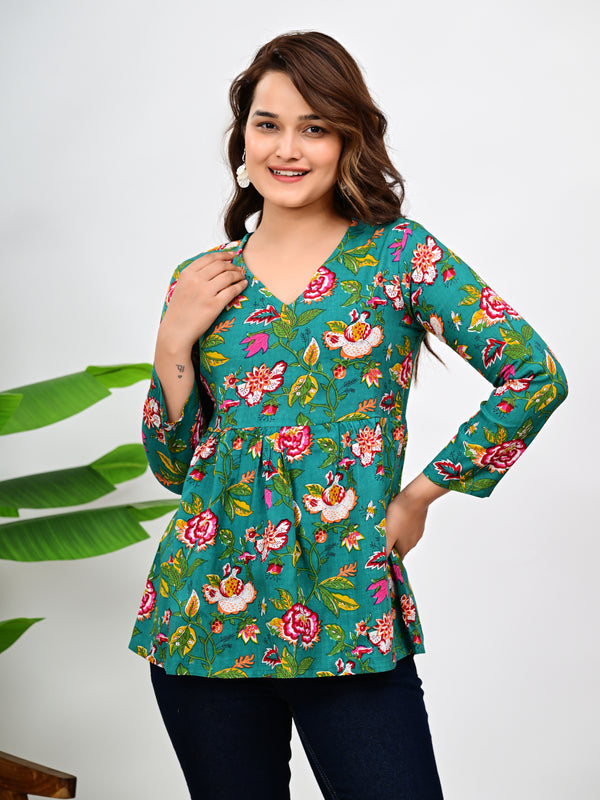 Women's Teal Floral Print Cotton Top