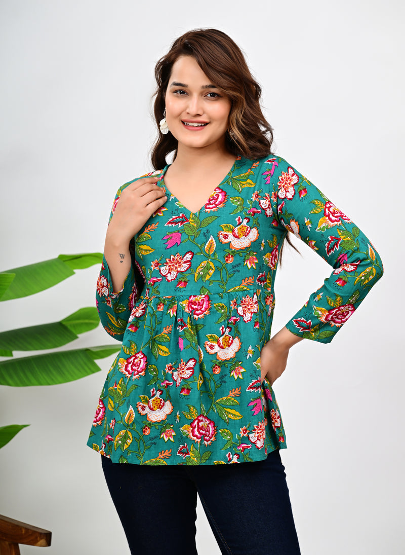 Women's Teal Floral Print Cotton Top
