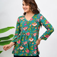 Women's Teal Floral Print Cotton Top