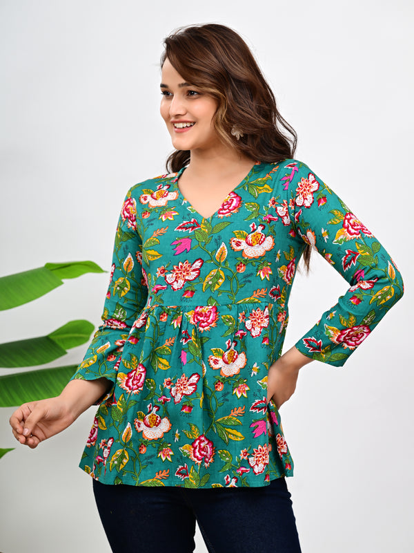 Women's Teal Floral Print Cotton Top