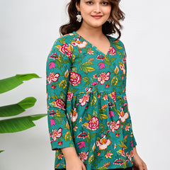 Women's Teal Floral Print Cotton Top