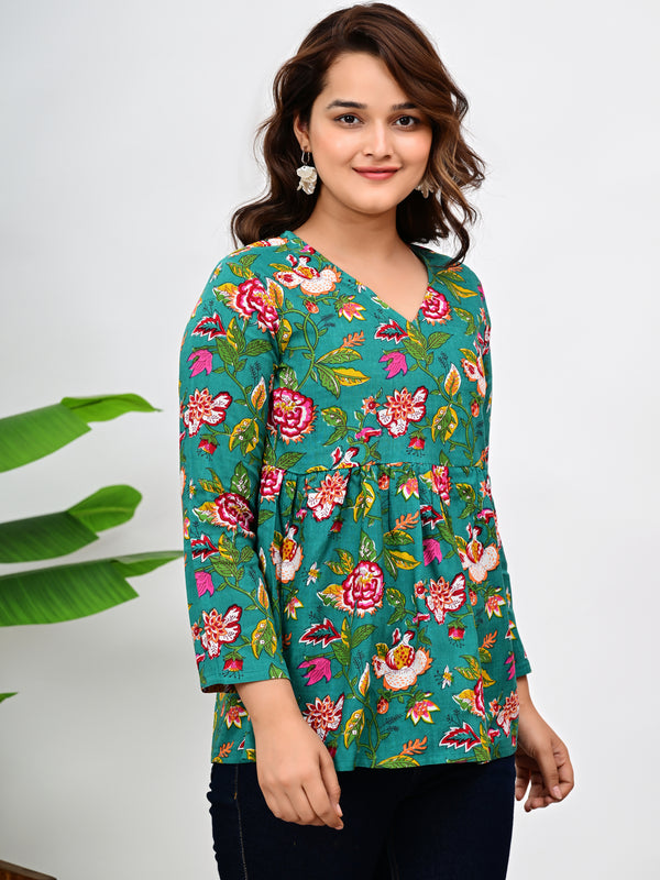 Women's Teal Floral Print Cotton Top