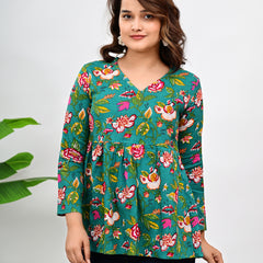 Women's Teal Floral Print Cotton Top