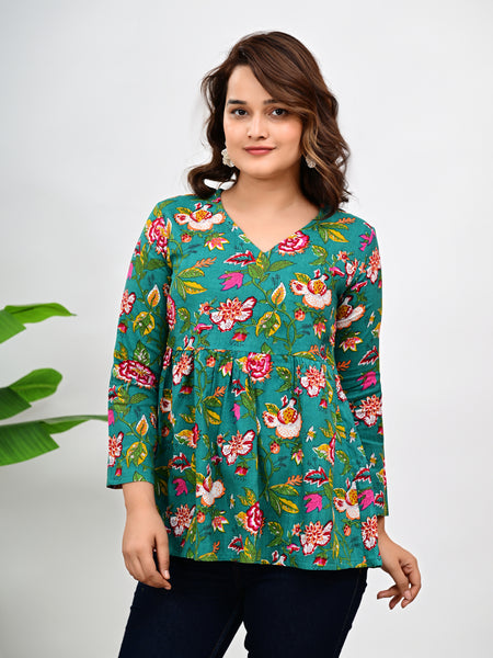 Women's Teal Floral Print Cotton Top