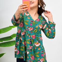 Women's Teal Floral Print Cotton Top