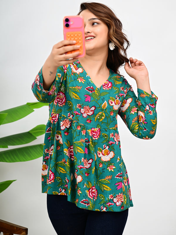 Women's Teal Floral Print Cotton Top
