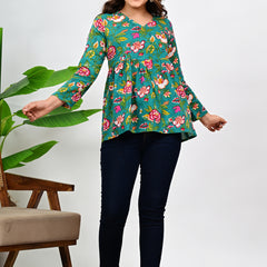 Women's Teal Floral Print Cotton Top