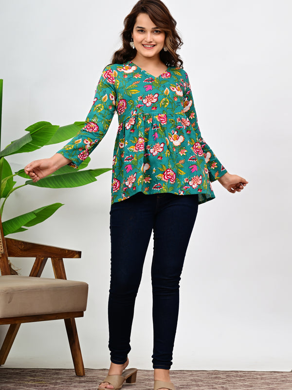 Women's Teal Floral Print Cotton Top