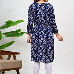 Women's Navy Blue Floral Print Cotton Straight Kurti