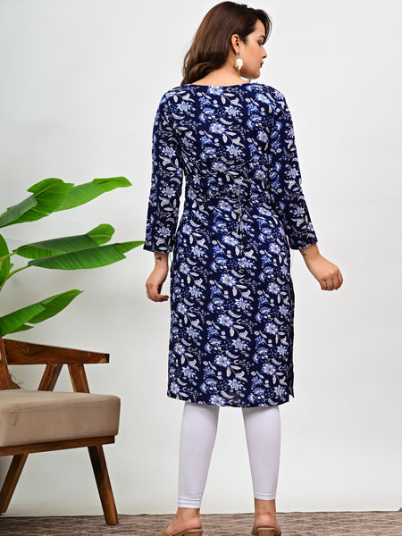 Women's Navy Blue Floral Print Cotton Straight Kurti