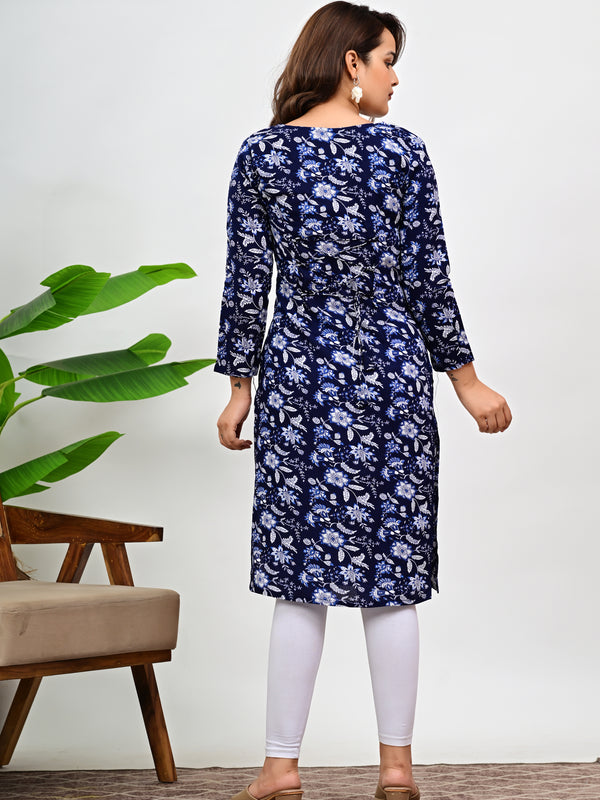 Women's Navy Blue Floral Print Cotton Straight Kurti