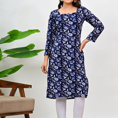 Women's Navy Blue Floral Print Cotton Straight Kurti