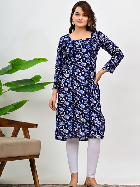 Women's Navy Blue Floral Print Cotton Straight Kurti