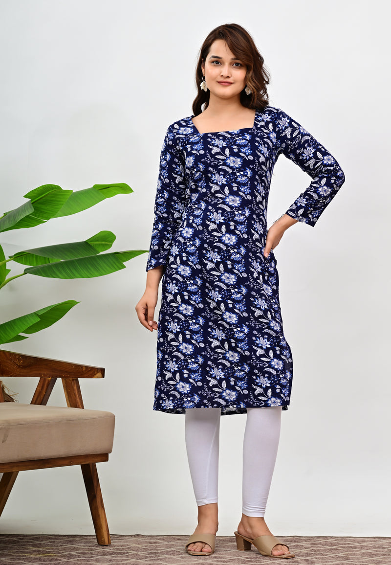 Women's Navy Blue Floral Print Cotton Straight Kurti