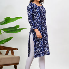 Women's Navy Blue Floral Print Cotton Straight Kurti
